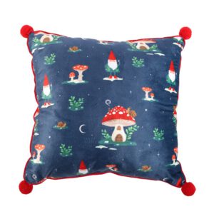 Square Gnome Print Cushion with Pom Poms – 35cm