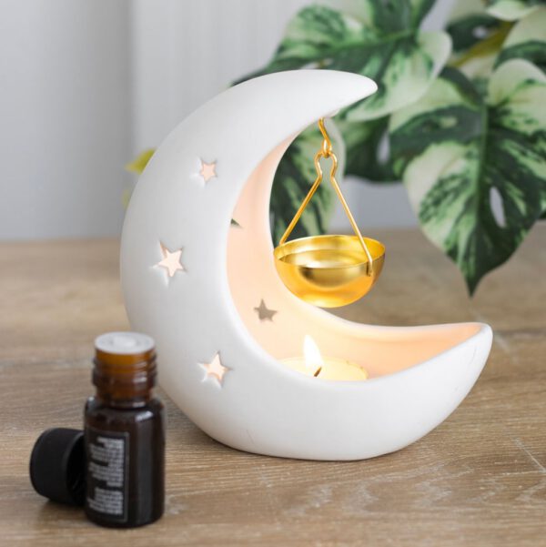 White Crescent Moon Oil Burner & Wax Melt Burner with Gold Dish